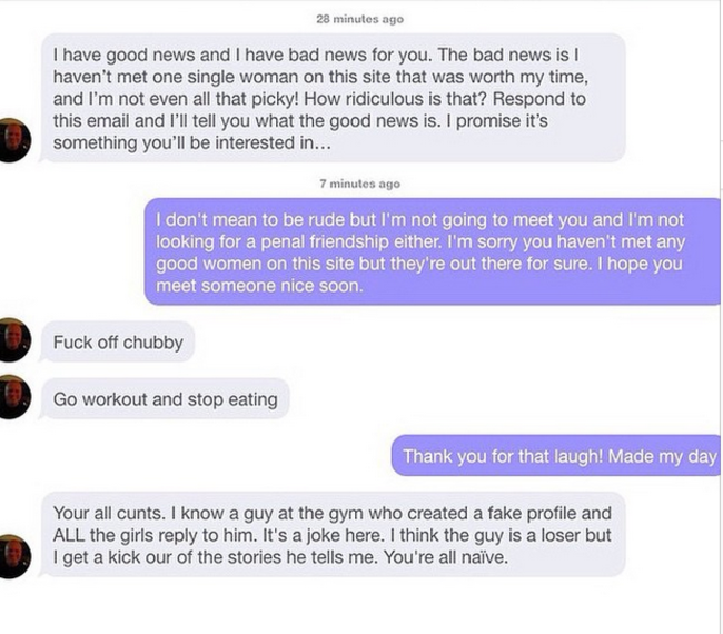 guys not handling rejection well - 28 minutes ago I have good news and I have bad news for you. The bad news is! haven't met one single woman on this site that was worth my time, and I'm not even all that picky! How ridiculous is that? Respond to this ema