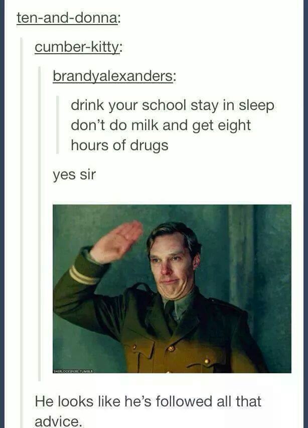 tumblr - stay in drugs don t do school meme - tenanddonna cumberkitty brandyalexanders drink your school stay in sleep don't do milk and get eight hours of drugs yes sir He looks he's ed all that advice.