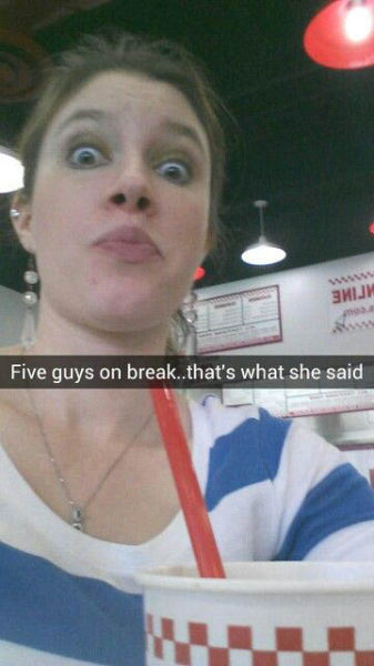 snapchat cringiest snapchats - 3 Hijh Five quys on break..that's what she said