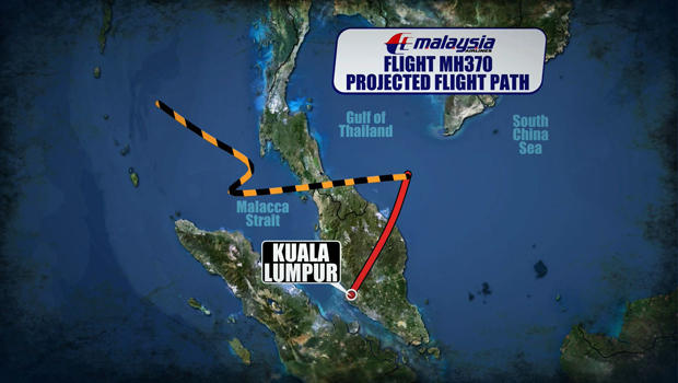 malaysia airlines - Emalaysia Flight MH370 Projected Flight Path Gulf of Thalland South China Sea Malacca Stralt Kuala Lumpur
