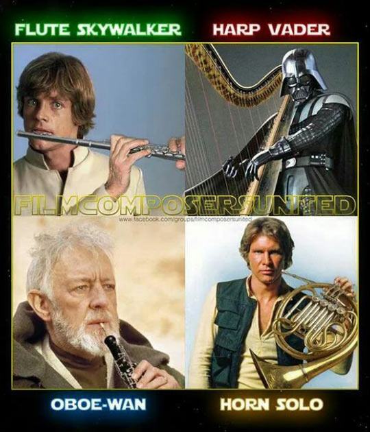 pun star wars orchestra meme - Flute Skywalker Harp Vader, Filmcomposers Nited composersang OboeWan Horn Solo