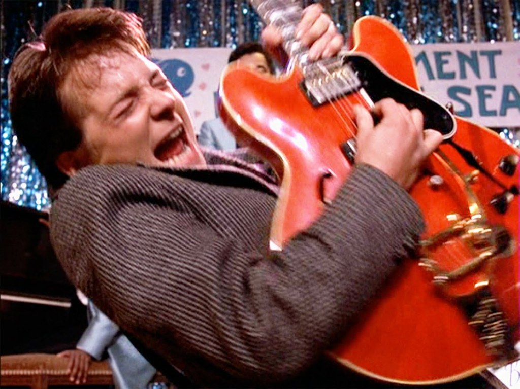 Martys guitars used throughout the movie:  Erlewine Chiquita big amp sequence  Ibanez black Strat copy scenes of Martys band performing in the 80s  Gibson 1963 ES-345TD Marty performing at the dance.