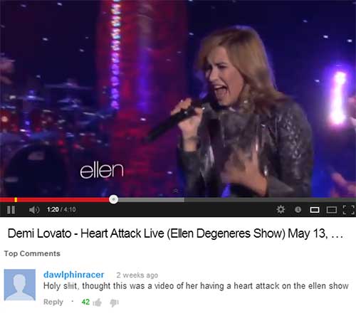 best comments on music - ellen 1 1 20 Demi Lovato Heart Attack Live Ellen Degeneres Show May 13,... Top dawlphinracer 2 weeks ago Holy shit, thought this was a video of her having a heart attack on the ellen show 426
