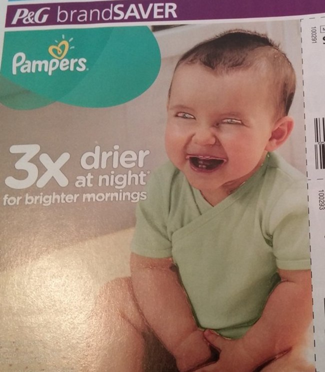 worst photoshop - P&G brandSAVER 1100291 Pampers 3x drier at night for brighter mornings 100293