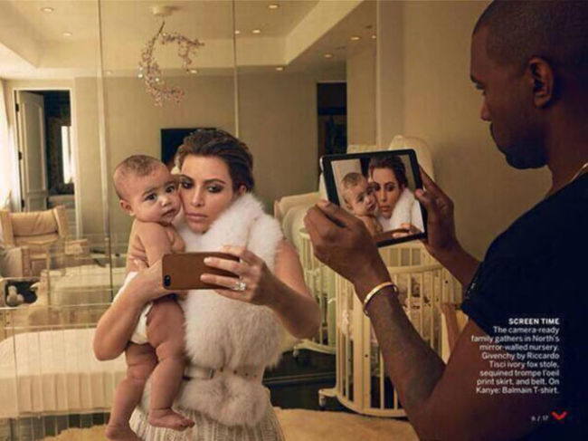 kim kardashian and kanye west vogue - Screen Time The camera ready family gathers in North's mirror walled nursery venchy Riccardo Taci Ivory fox stole sequined trompe l'oeil prie skirt and belt. On Kanye Balmain Tshirt