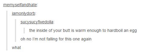 tumblr - angle - memyselfandhate lamonlydorb sucysucyfivedolla the inside of your butt is warm enough to hardboil an egg oh no I'm not falling for this one again what