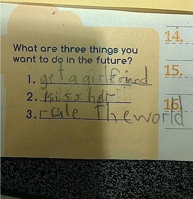 funny test answers - What are three things you want to do in the future? 15. 1. geta girlfriend 2. Isisa her 3. rale Thewo