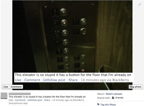 stupid things people say on the internet - This elevator is so stupid it has a button for the floor that I'm already on . Comment. Un post. 14 minutes ago via BlackBerry Uke Comment Tag photo Album Mobile Uploads d with & Friends This elevator is so stupi