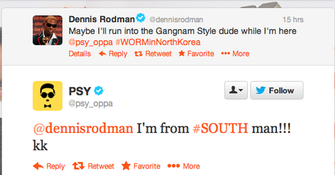 tweet - web page - Dennis Rodman dennisrodman 15 hrs Maybe I'll run into the Gangnam Style dude while I'm here North Korea Details t7 Retweet Favorite More y Psy I'm from man!!! kk t Retweet F avorite ... More