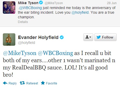tweet - funny twitter conversation - Mike Tyson Tyson 28 Jun just reminded me today is the anniversary of the ear biting incident. Love you . You are a true champion Details y Evander Holyfield Tyson as I recall u bit both of my ears....other 1 wasn't mar