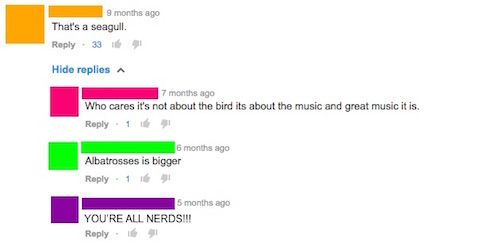 youtube comment diagram - 9 months ago That's a seagull 33 91 Hide replies A 7 months ago Who cares it's not about the bird its about the music and great music it is. 1 1 9 6 months ago Albatrosses is bigger 1 1 5 months ago You'Re All Nerds!!!