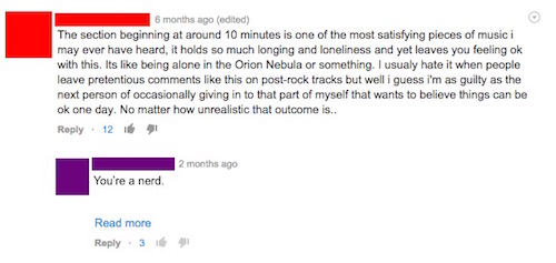 youtube comment yasserstain - 6 months ago edited The section beginning at around 10 minutes is one of the most satisfying pieces of music i may ever have heard, it holds so much longing and loneliness and yet leaves you feeling ok with this. Its being al