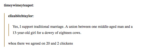 tumblr - document - timeyimeyteapot elizabitchtaylor Yes, I support traditional marriage. A union between one middleaged man and a 13yearold girl for a dowry of eighteen cows. whoa there we agreed on 20 and 2 chickens