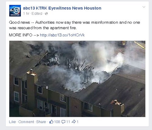 sky - abc13 Ktrk Eyewitness News Houston 21 hr Edited Good news Authorities now say there was misinformation and no one was rescued from the apartment fire. More Info > 13.0010Haruk Comment 108 111