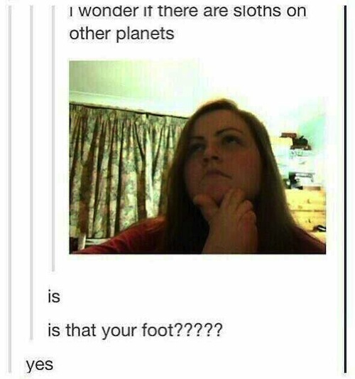 funny chocolate puns - I wonder if there are sloths on other planets is that your foot????? yes