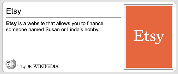 paper - Etsy Etsy is a website that allows you to finance someone named Susan or Linda's hobby. Etsy Tl;Dr Wikipedia