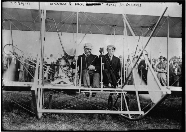 Ex-President Theodore Roosevelt became the first president to fly, 1910.