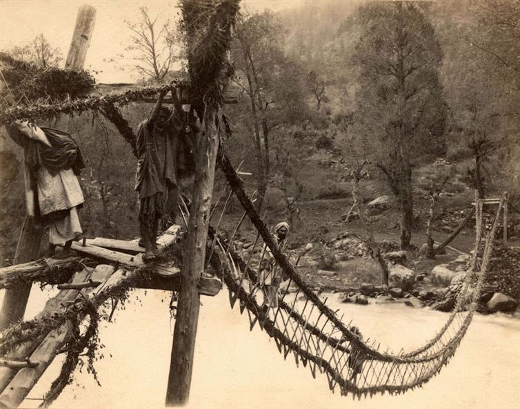 A rope bridge in India, 1870.