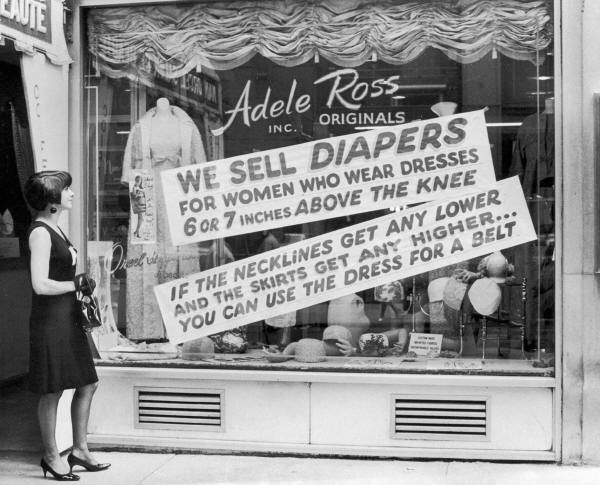 Adele Ross Clothing 1966, anti-miniskirt signs.