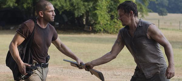 As Daryl and Shane argue near the start, Daryl’s movements don’t correspond with the changing shots: one moment he is standing in front of Carol, then he is standing by her, then he has moved closer to Rick – all within the same one-liners. As his argument with Shane grows, he again is standing by Carol, or closer, near Rick. At one point, a shot shows Daryl about to lunge at Shane, as Rick blocks him, but the very next shot shows him right next to Carol, who at that point would have been standing behind Rick.