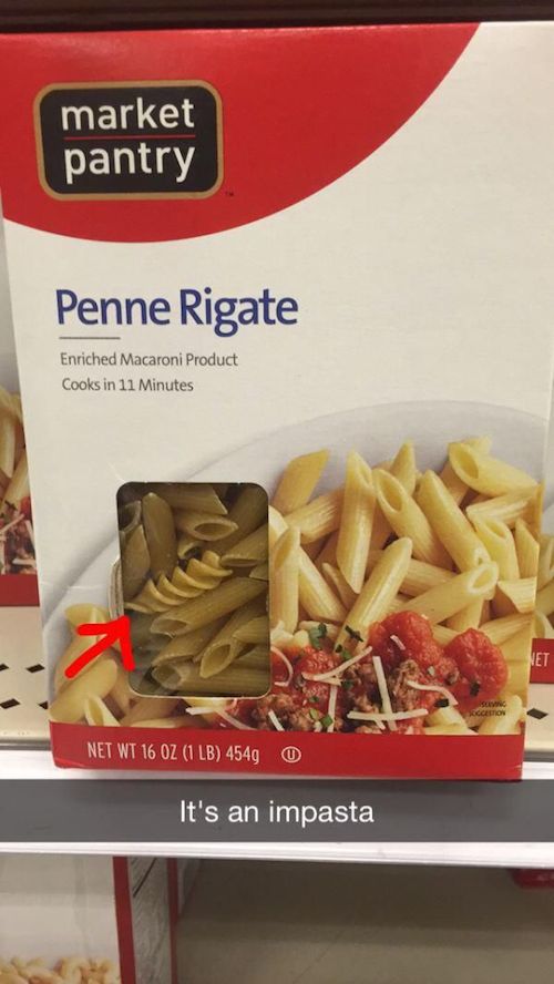 funniest snapchats ever - market pantry Penne Rigate Enriched Macaroni Product Cooks in 11 Minutes Et Net Wt 16 Oz 1 Lb 4549 0 It's an impasta
