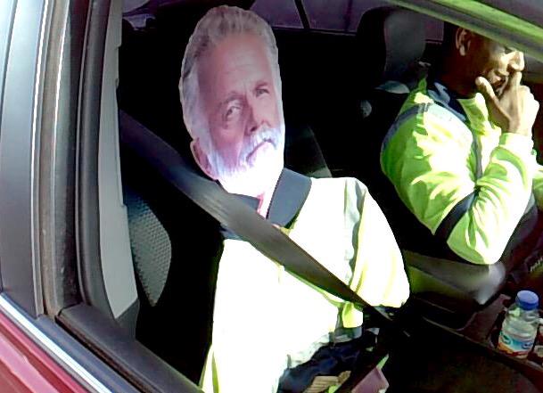 Your eyes don't deceive you. That's a cardboard cutout of actor Jonathan Goldsmith from Dos Equis's "Most Interesting Man in the World" ad campaign. When the trooper questioned the driver about the cutout, he had one thing to say in his defense: "He's my best friend." Be that as it may, that friendship cost the man $124. Apparently, the carpool lan