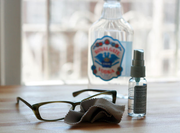 Clean glasses with vodka and water solution.