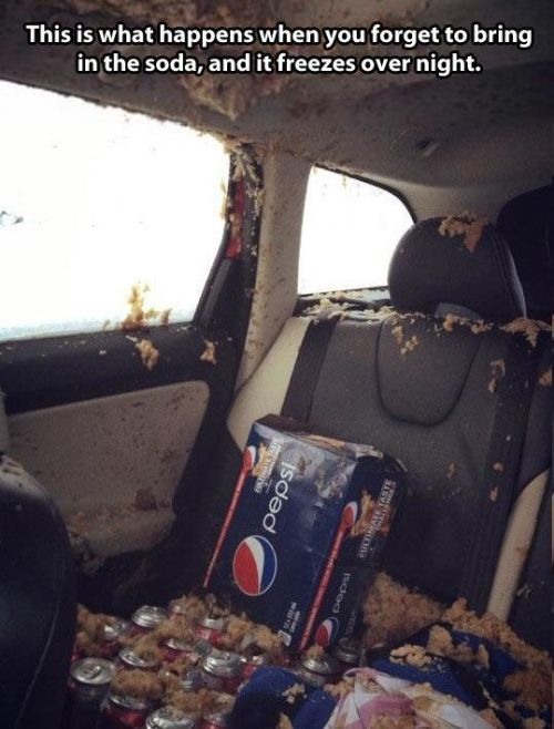soda explosion in car - This is what happens when you forget to bring in the soda, and it freezes over night. isded