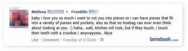 psycho facebook status - Melissa Franklin baby i love you so much i want to cut you into pieces so i can have pieces that fit into a variety of purses and pockets, also so that no hoebag can ever even think about looking at you. haha.. well, bitches will 