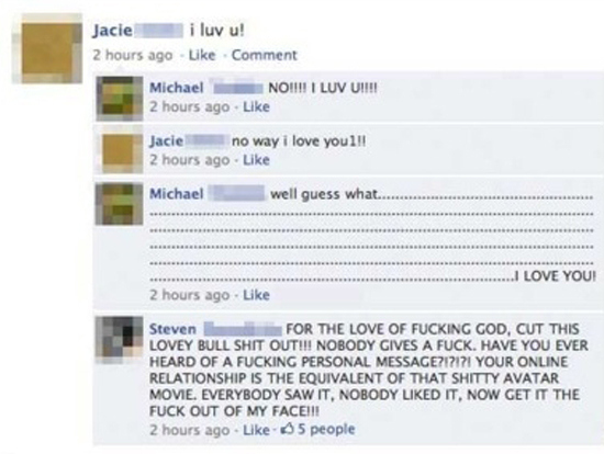 facebook couples - Jaciei luv u! 2 hours ago Comment Michael No!!! I Luv U!!!! 2 hours ago Jacie no way i love you l!! 2 hours ago Michael well guess what.... ..I Love You! 2 hours ago Steven For The Love Of Fucking God, Cut This Lovey Bull Shit Out!!! No