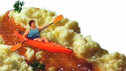 woman kayaking down mashed potatoes