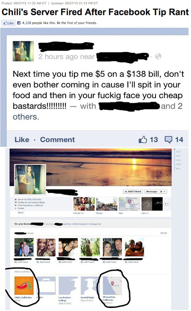 dumb social media - Posted 062112 Et | Updated 062712 Et Chili's Server Fired After Facebook Tip Rant F 4,128 people this. Be the first of your friends. 2 hours ago near Next time you tip me $5 on a $138 bill, don't even bother coming in cause I'll spit i