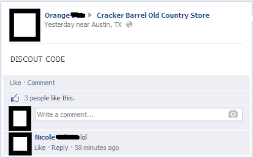old people of facebook - Orange Cracker Barrel Old Country Store Yesterday near Austin, Tx Discout Code Comment B 3 people this. Write a comment... Nicole lol 58 minutes ago