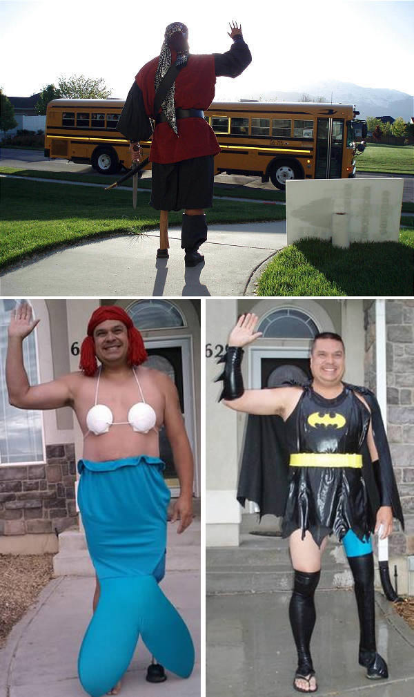 Father stands and waves at his son's school bus in a different costume every day for an entire year