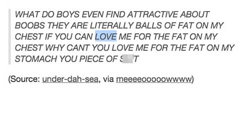 example of class vision - What Do Boys Even Find Attractive About Boobs They Are Literally Balls Of Fat On My Chest If You Can Love Me For The Fat On My Chest Why Cant You Love Me For The Fat On My Stomach You Piece Of S T Source underdahsea, via meeeeooo