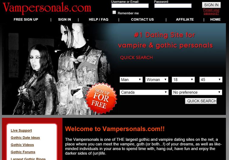 Online dating service - Username or Email Password Vampersonals.com Sign In Forgot your password? | Home Free Sign Up T Sign In | Remember me Contact Us Help Faq | Affiliate Dating Site for vampire & gothic personals Quick Search Man Woman 18 4 5 Canada S