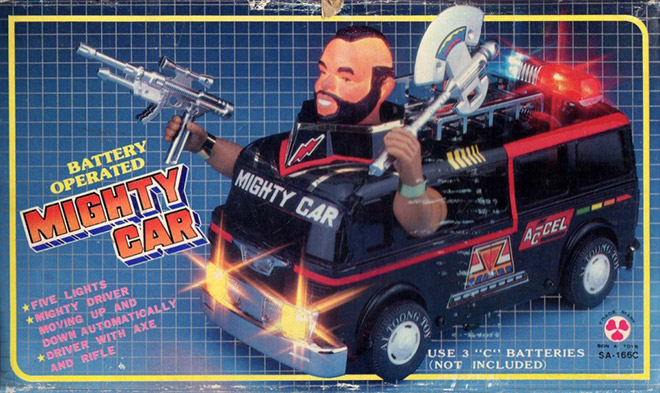 knockoff toys  - mr t mighty car - Battery Operated Mighty Car Mighty Car Accel Five Lights Mighty Driver Moving Up And Down Automatically Driver With Axe And Rifle Use 3 ''C' Batteries Sa166C Not Included