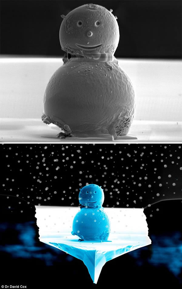 World's Smallest Snowman:
In 2009, scientists created the world's smallest "snowman," measuring about a fifth of the width of a human hair. Experts at the National Physical Laboratory in West London made the miniature figure which is just 0.01mm across. Far from the thrill of rolling balls of snow around a field to build their masterpiece, it was assembled using tools designed for manipulating nanoparticles.