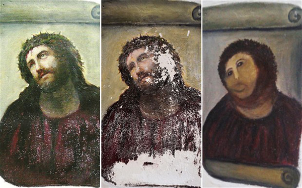 Woman trying to “fix” 19th century fresco ruins it:
A well-meaning octogenarian living in Borja, Spain took it upon herself to “restore" an image of Jesus Christ. Unknown to the caretakers, a portrait of Christ painted by Elias Garcia in 1930 was restored beyond recognition by Cecilia Giménez, who was an untrained painter. It was initially greeted with shock by the community and when it went viral on the Internet, the woman went into hiding. However, interest in the “re-imagination” of the painting made it a local tourist attraction and some consider the image a pop icon.