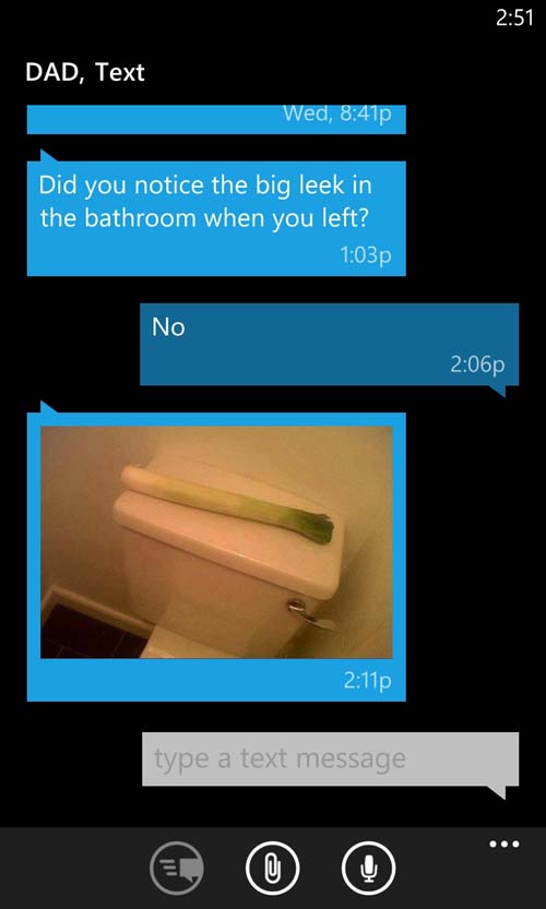 dad jokes - funny dad jokes - Dad, Text Wed, p Did you notice the big leek in the bathroom when you left? p No p p type a text message