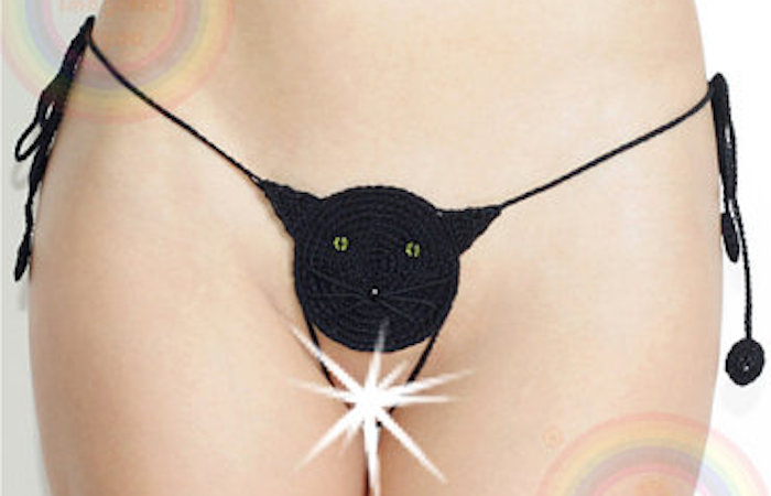 A pair of crotchless crocheted cat underwear.