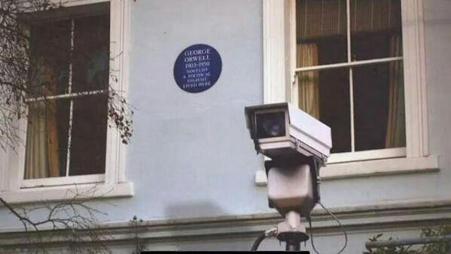 Doubleplus Untruth: The ultimate irony? The placement of a CCTV camera outside '1984' author George Orwell's house. It might be if that was actually a camera in front of Orwell's house. Artist Steve Ullathorne created a series where he photoshopped spectacularly juxtaposed images. Also, the point of '1984' was manipulation of language as propaganda -- not government surveillance.