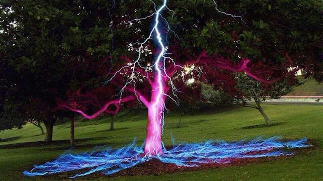 Long Exposure Lightning Tree: As much as we'd all love this to be real... sorry. Artist Darren Pearson created it using a number of special tricks. This is not how lightning works at all, and was done simply as a work of art. Pearson, going by the name Darius Twin, has a whole series of "light paintings" just like this -- and they're all pretty cool.