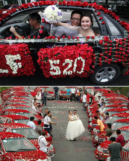 The groom who decorated his wedding with 99,999 roses to surprise his bride:
Groom Xiao Wang spent a year's salary on buying 99,999 red roses for his bride, Xiao Liu, for their wedding conducted in Chongqing, central China, where the number 999 is considered to be a good luck omen. The couple, both 24 years old, needed 30 cars to take the flowers to the service. They advertised on the internet for car owners and for helpers to stick the flowers on the vehicles. The flowers themselves were flown in from the other side of the country.