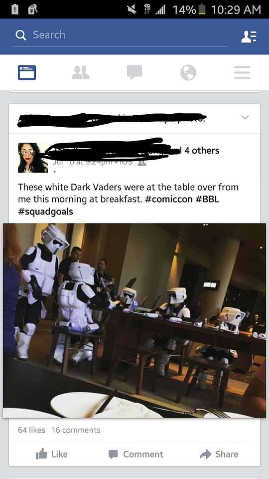 multimedia - Jl14% Q Search 4 others Jui Tu at 9.240525 These white Dark Vaders were at the table over from me this morning at breakfast. 64 16 Comment