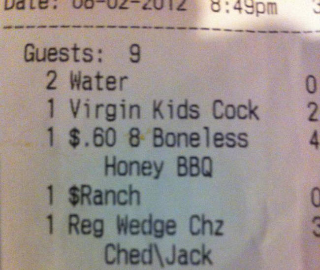 ticket - Dale 10022012 pm An Guests 9 2 Water 1 Virgin Kids Cock 1 $.60 8 Boneless Honey Bbq 1 $Ranch 1 Reg Wedge Chz Ched\Jack