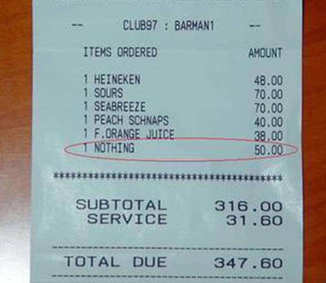 receipt nothing - CLUB97 Barmani Items Ordered Amount 1 Heineken 1 Sours 1 Seabreeze 1 Peach Schnaps 1 F.Orange Juice T Nothing 48.00 70.00 70.00 40.00 38.00 50.00 kiekis Subtotal Service 316.30 31.60 Total DUE347.60
