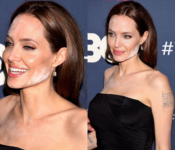 Angelina Jolie dusted in powder.  
In 2014, during a premiere in NYC, Angelina Jolie appeared in the worst makeup in her life. Her entire jawbone and forehead looked powdered badly on the red carpet.