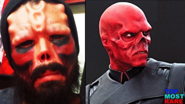Man with red skull.