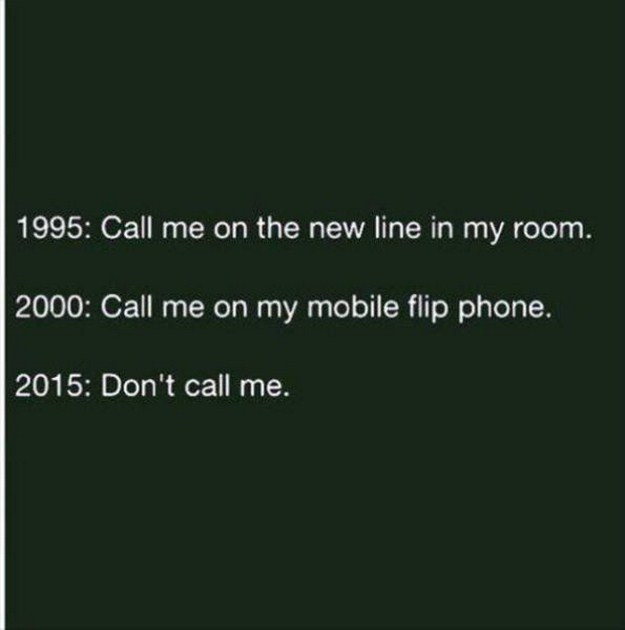 presentation - 1995 Call me on the new line in my room. 2000 Call me on my mobile flip phone. 2015 Don't call me.